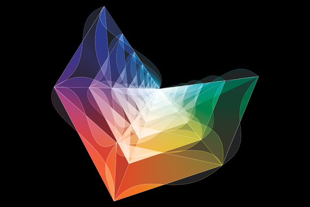 Artist�s rendering of the amplituhedron, a newly discovered mathematical object resembling a multifaceted jewel in higher dimensions. Encoded in its volume are the most basic features of reality that can be calculated � the probabilities of outcomes of particle interactions. 